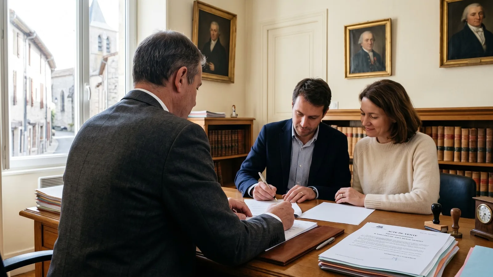 Couple signant l'acte d'achat de son terrain chez le notaire
