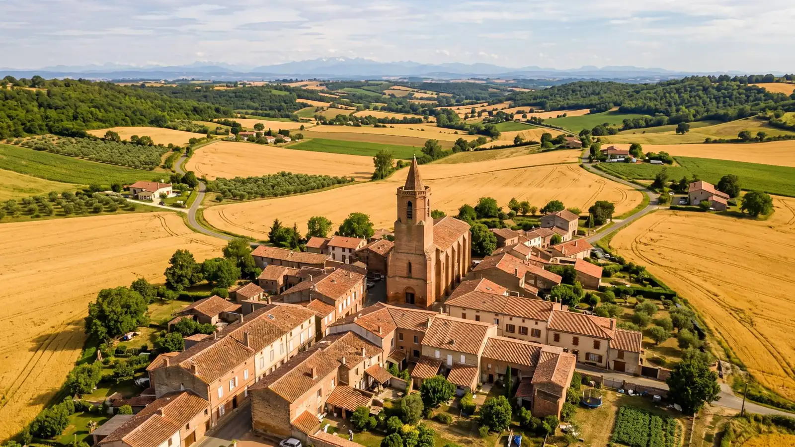 Village du Lauragais vu du ciel, clocher en brique et champs dorés