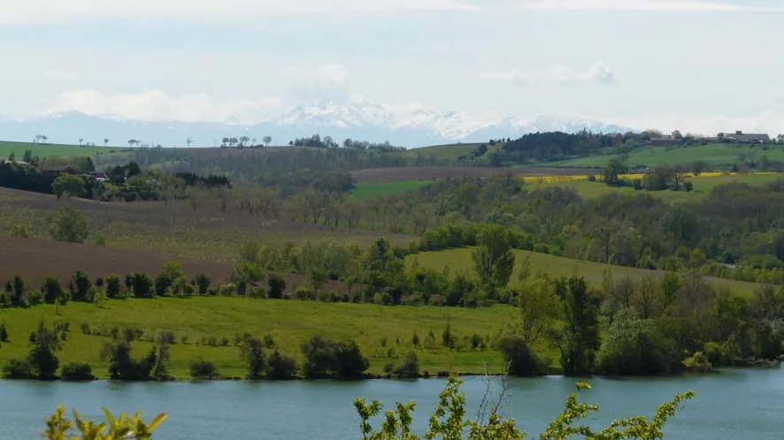 Le lac de la Thésauque à Nailloux, Pyrénées enneigées en arrière-plan