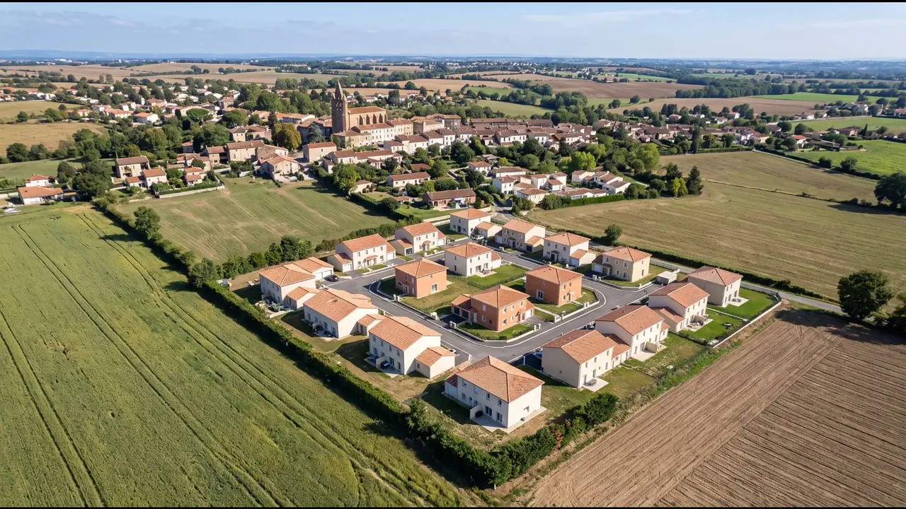 Lotissement neuf en continuité d'un bourg de Haute-Garonne, vue aérienne