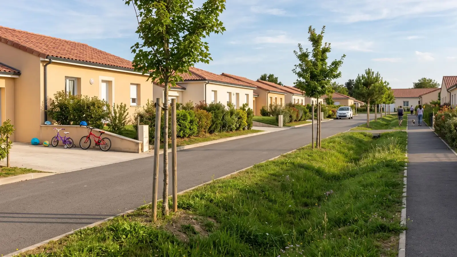 Rue de lotissement arborée avec noue enherbée et cheminement piéton