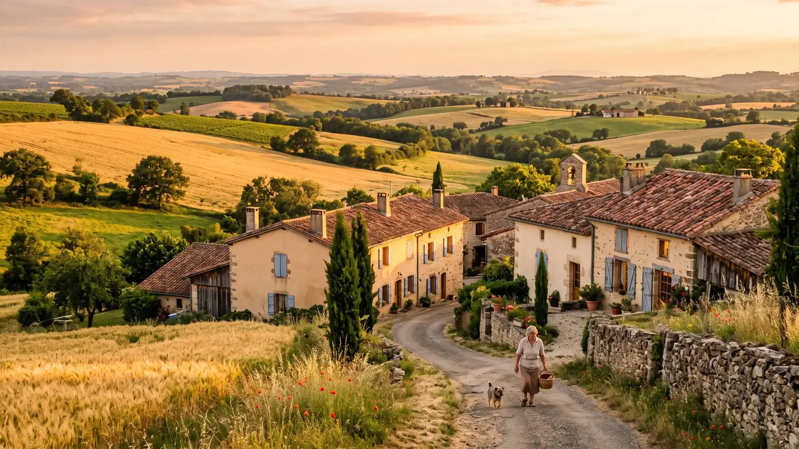 Village et collines du Lauragais au coucher du soleil