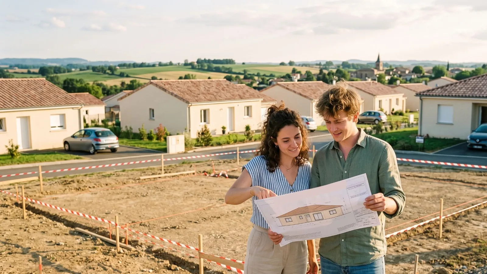 Couple consultant le plan de sa future maison sur son terrain