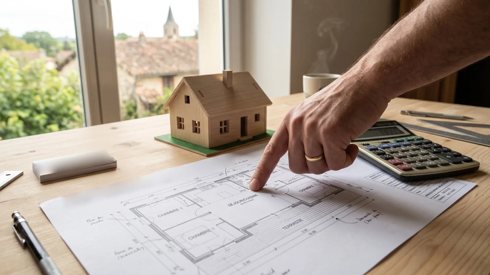 Plan de maison et maquette sur une table, calcul du budget de construction